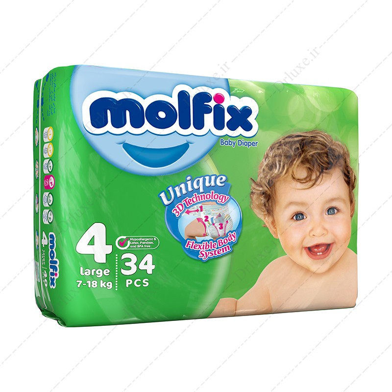 قیمت و خرید پوشک بچه مولفیکس سایز 4 -7 تا 18  کیلوگرم بسته 34 عدد - دکتر لوکس