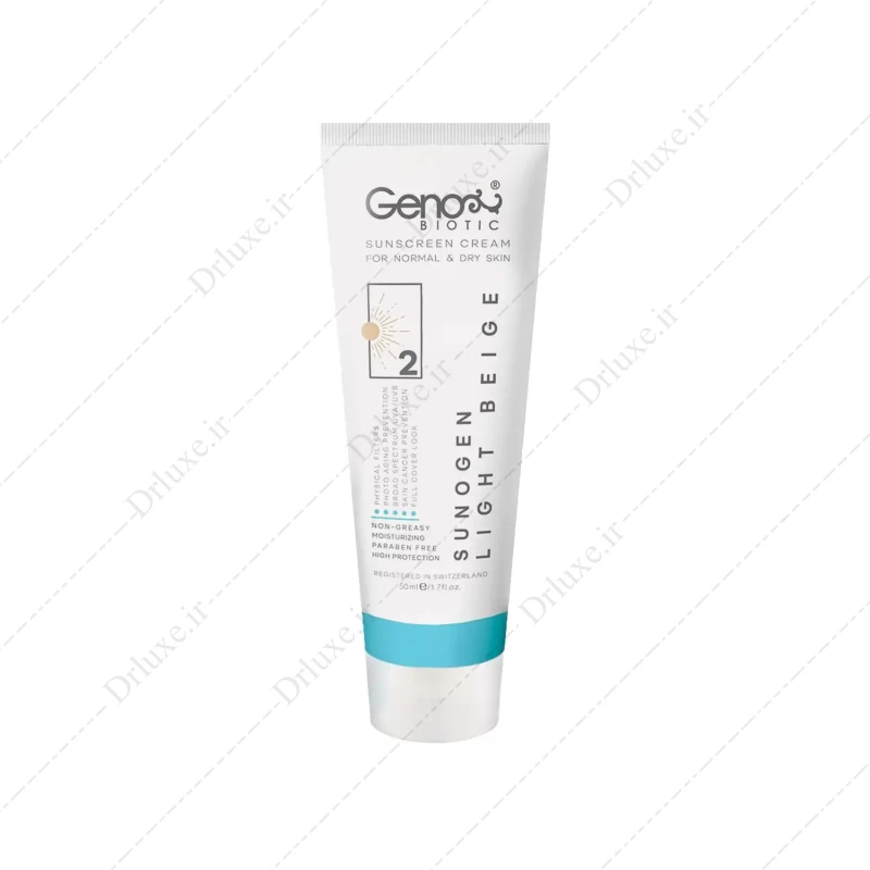 کرم ضد آفتاب SPF50 ژنوبایوتیک سانوژن 2 پوست خشک و معمولی 50 گرم